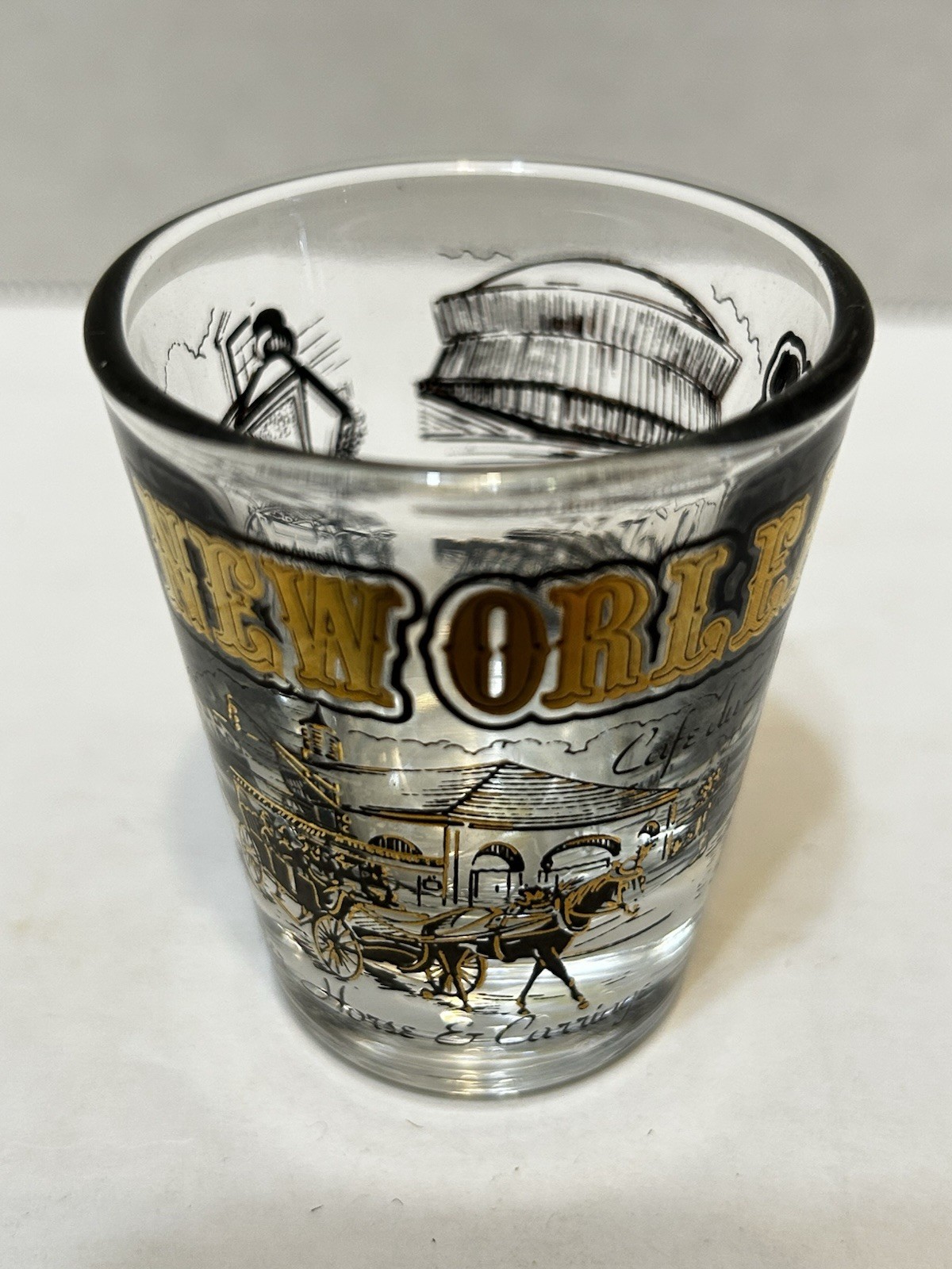 Vintage Souvenir New Orleans Shot Glass Gold Accent Travel Collectible 2.25″