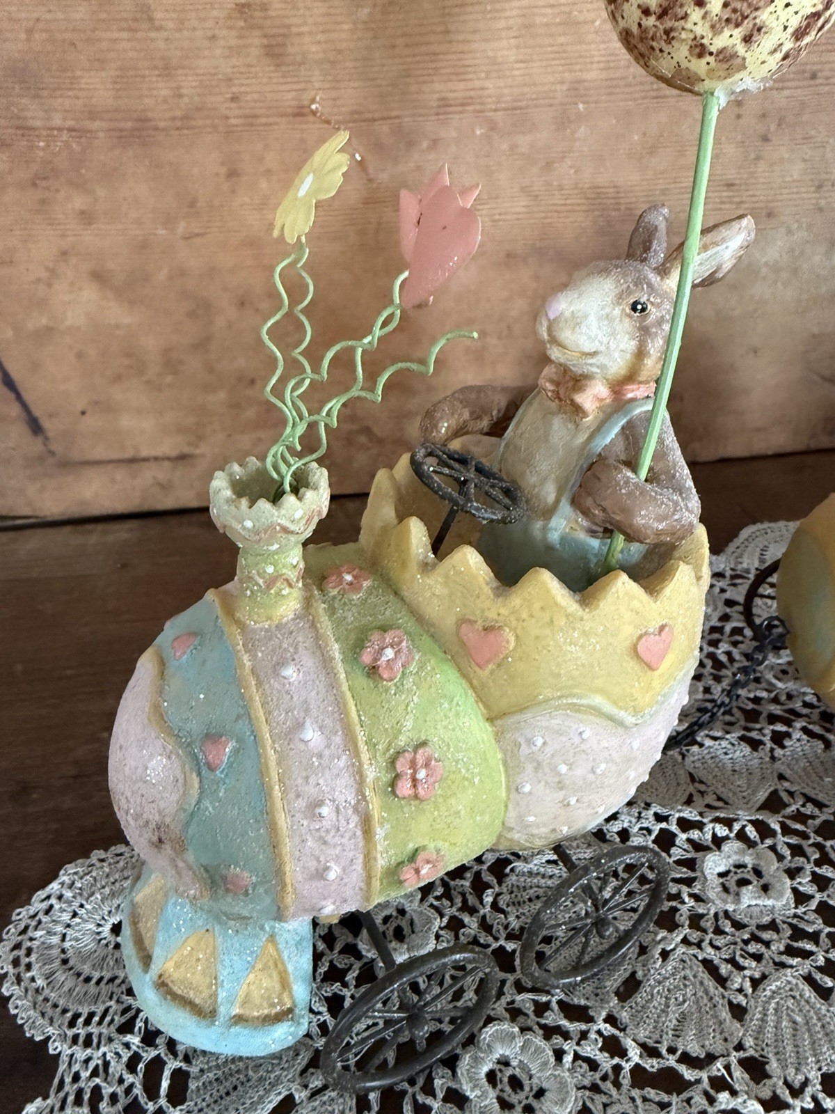 Whimsical Vintage Easter Bunny Egg Train Figurine – Pastel Cracked Eggs