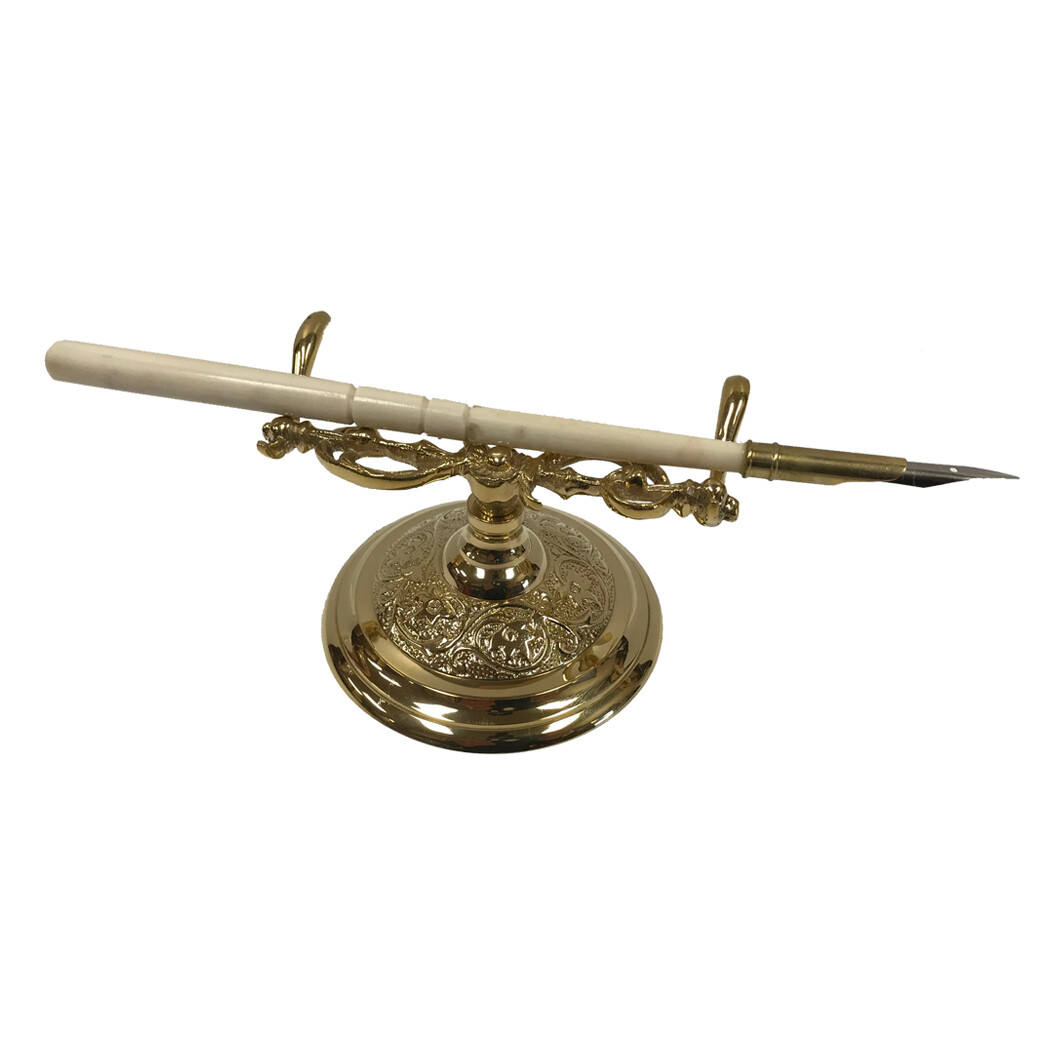 3-1/2″ Ornate Solid Polished Brass Writing Pen Holder with Bone Handle Nib Pen