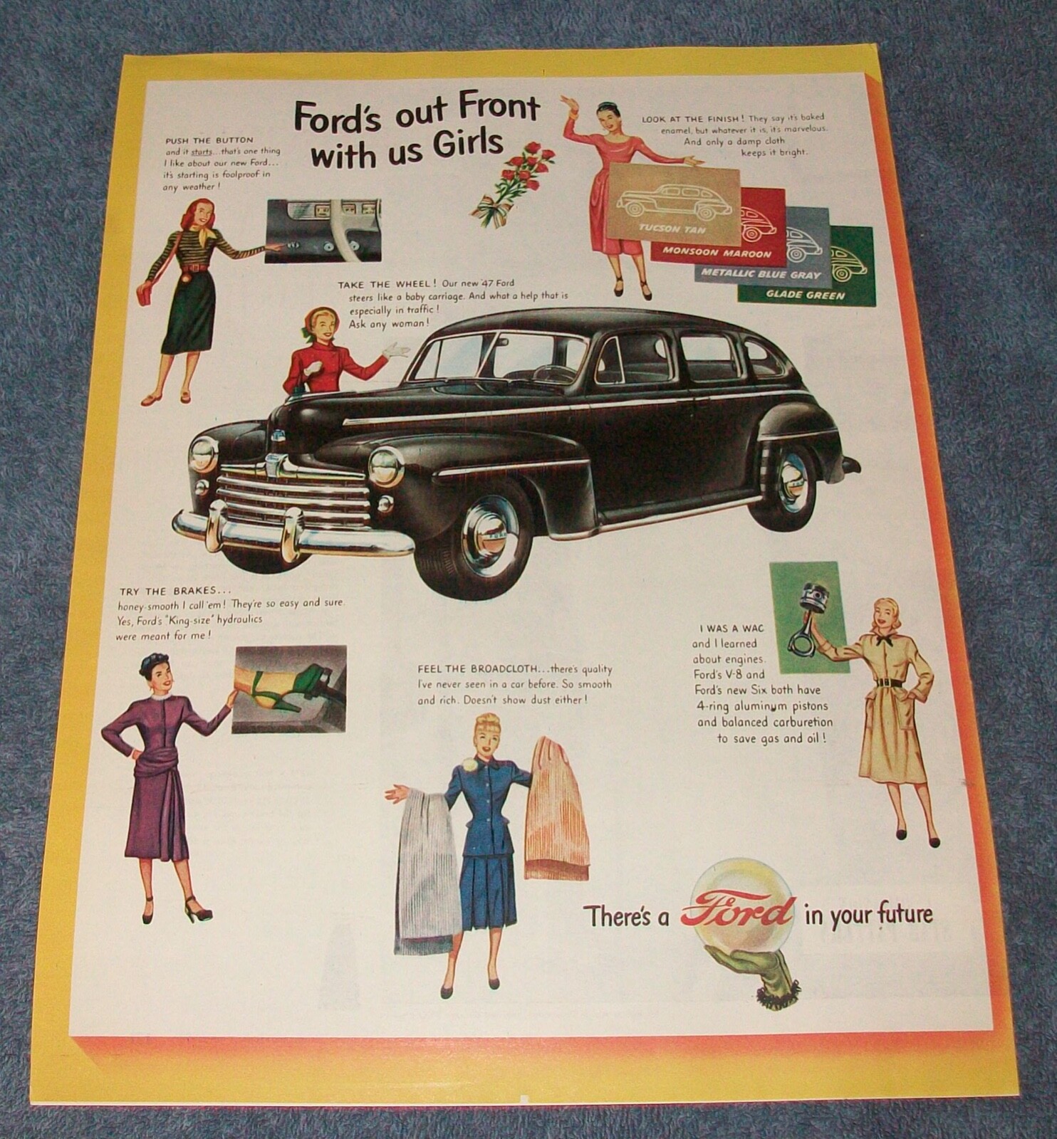 1947 Ford Fordor Sedan Vintage Ad “Ford’s Out Front With Us Girls”