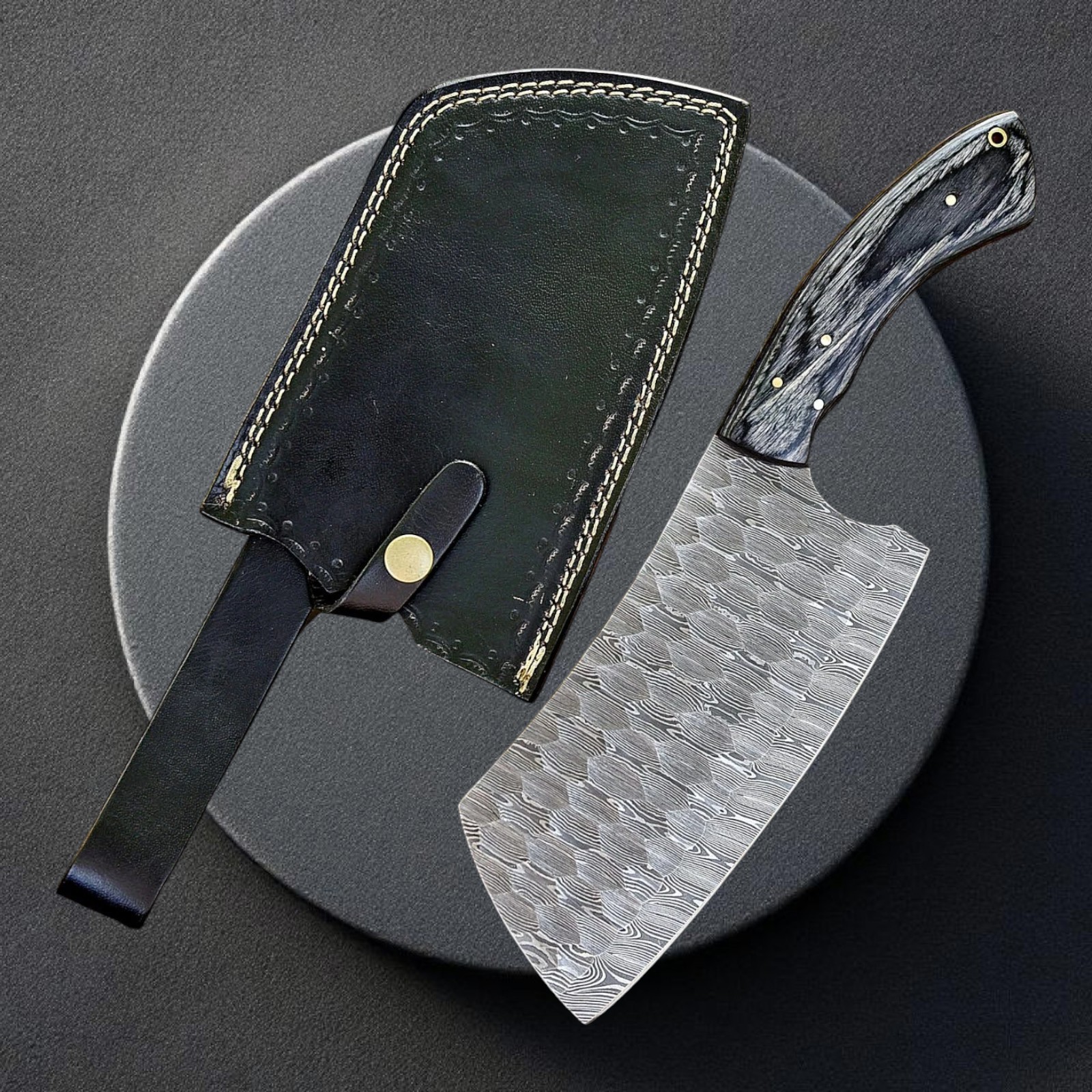 Custom Hand Forged Damascus Cleaver Bold Raindrop Gray Pakkawood Meat Chopper