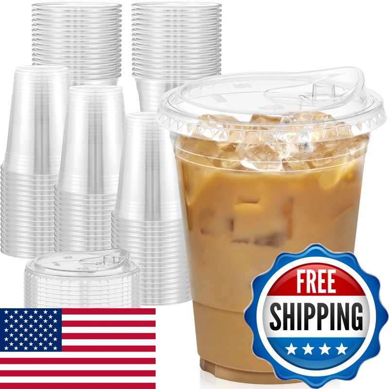 Dealusy 100 Pack – 16 Oz Clear Plastic Cups Lids Sturdy Food Safe Iced Coffee