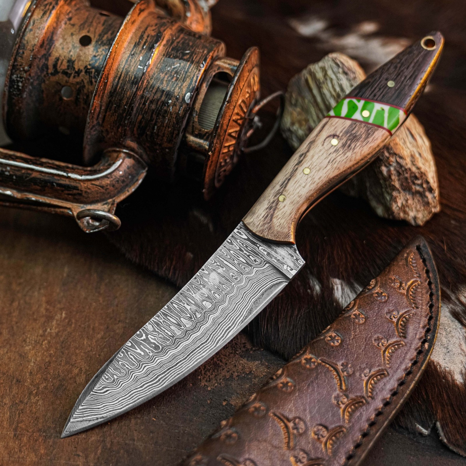 8.7″ inch Damascus Steel Hunting Knife Full Tang Hybrid Handle Leather Sheath