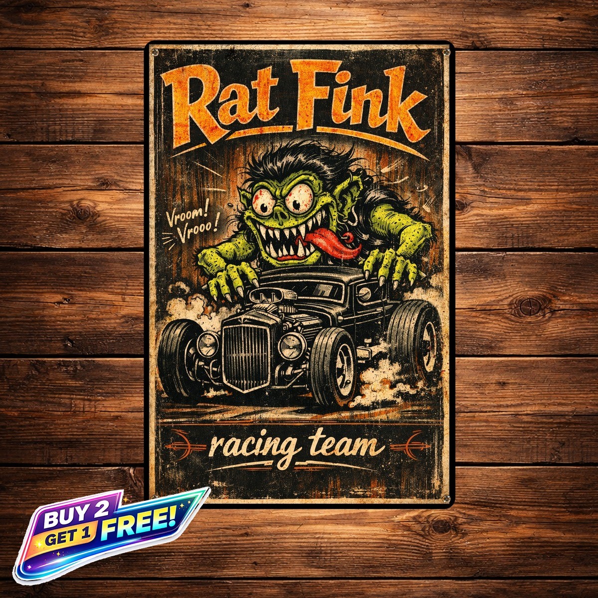 Rat Fink Racing Team Vintage 8×12 Wall Art Tin Metal Sign Hot Rod Garage Decor