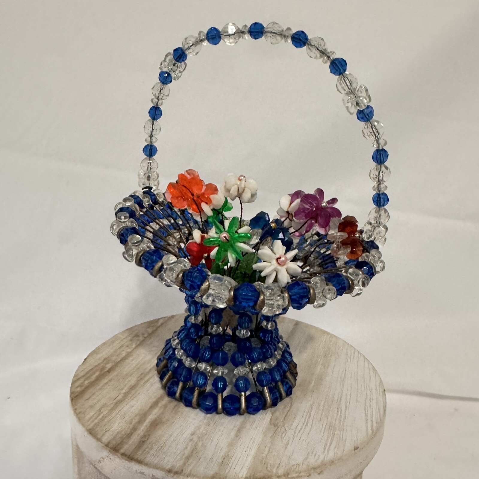 MCM Safety Pin Art Flower Beaded Basket 3” Tall Hand Made Royal Blue Red Yellow