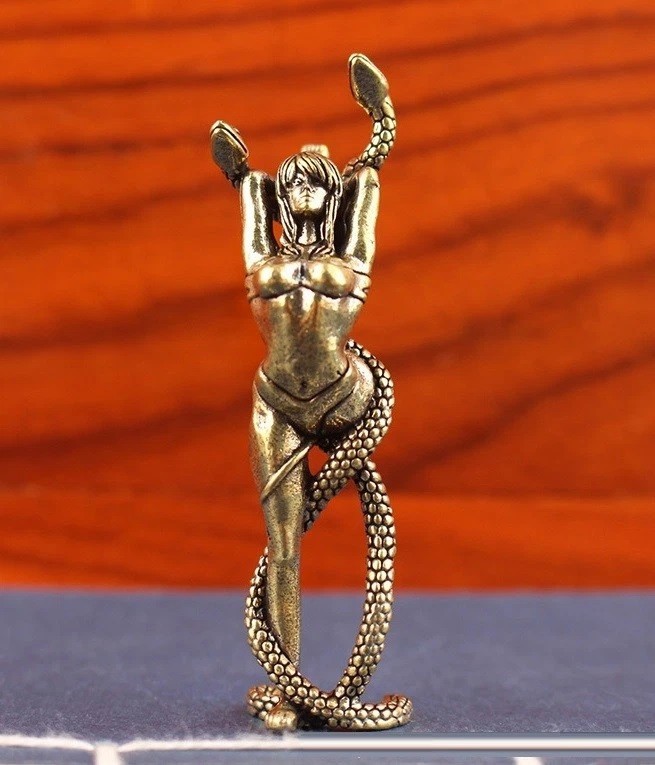 Brass Lady Snake Animal Figurine Miniature Statue Table Desk Home Decoration Toy