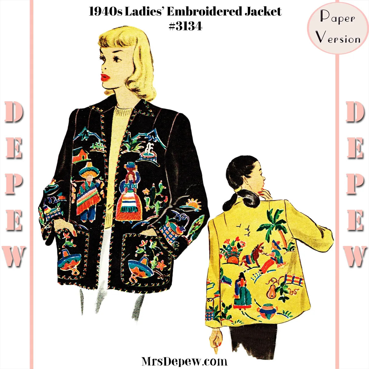 1940s Vintage Sewing Pattern Ladies’ Embroidered Jacket Mexico 30 – 44″ Bust