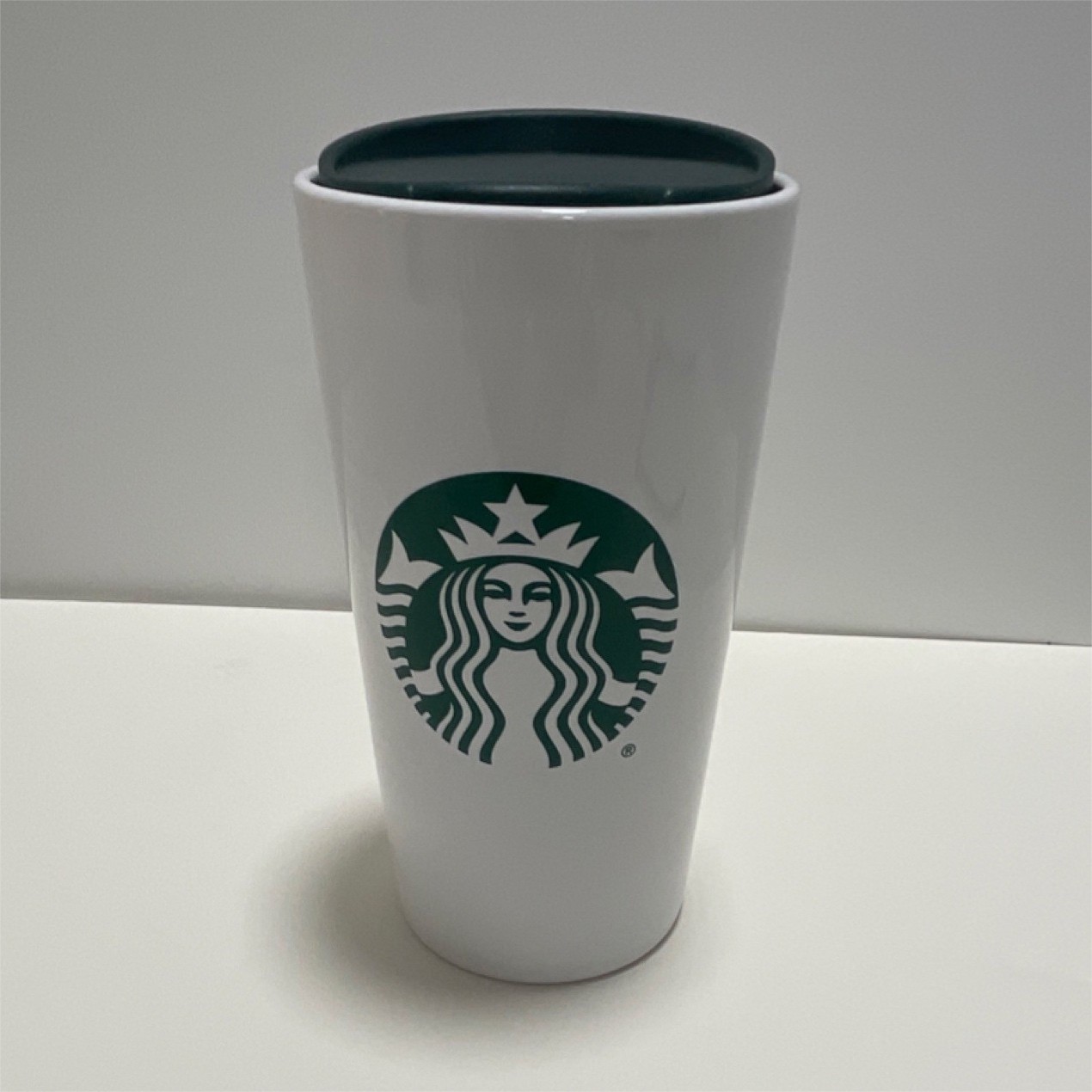 Starbucks Ceramic Coffee Mug 12oz White Green Drink Through Lid Dishwasher Safe