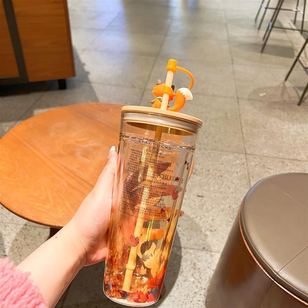 Starbucks Autumn Fox Maple Leaf Cup Tumbler Straw Dust Stopper Double Glass Set