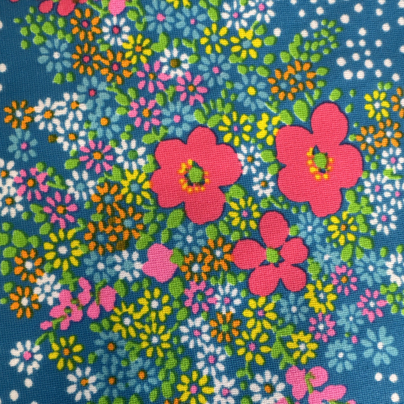 Vintage Polyester Fabric Psychedelic Flower Power Vibrant Blue Pink Yellow 3+ Yd