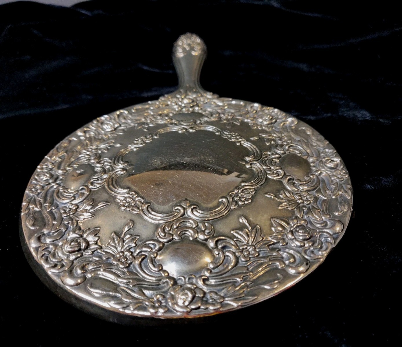 Vintage Silver Tone Repousse Silver Vanity Hand Mirror 9.5 In Long X 5.5″ Wide