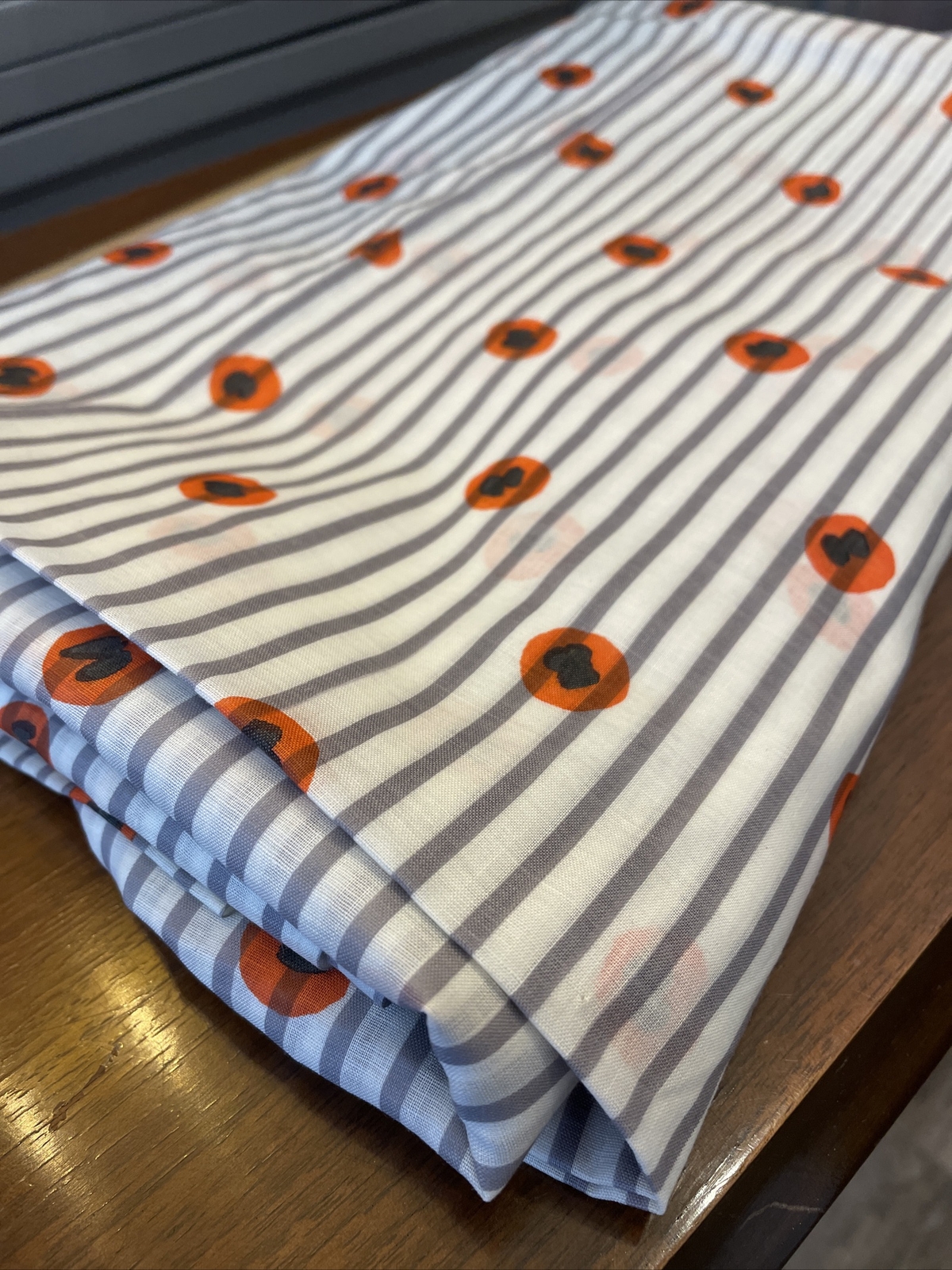 Vintage Retro Mod Floral Poppy Cotton Fabric ~ Orange Flowers Gray Stripes 3 Yds