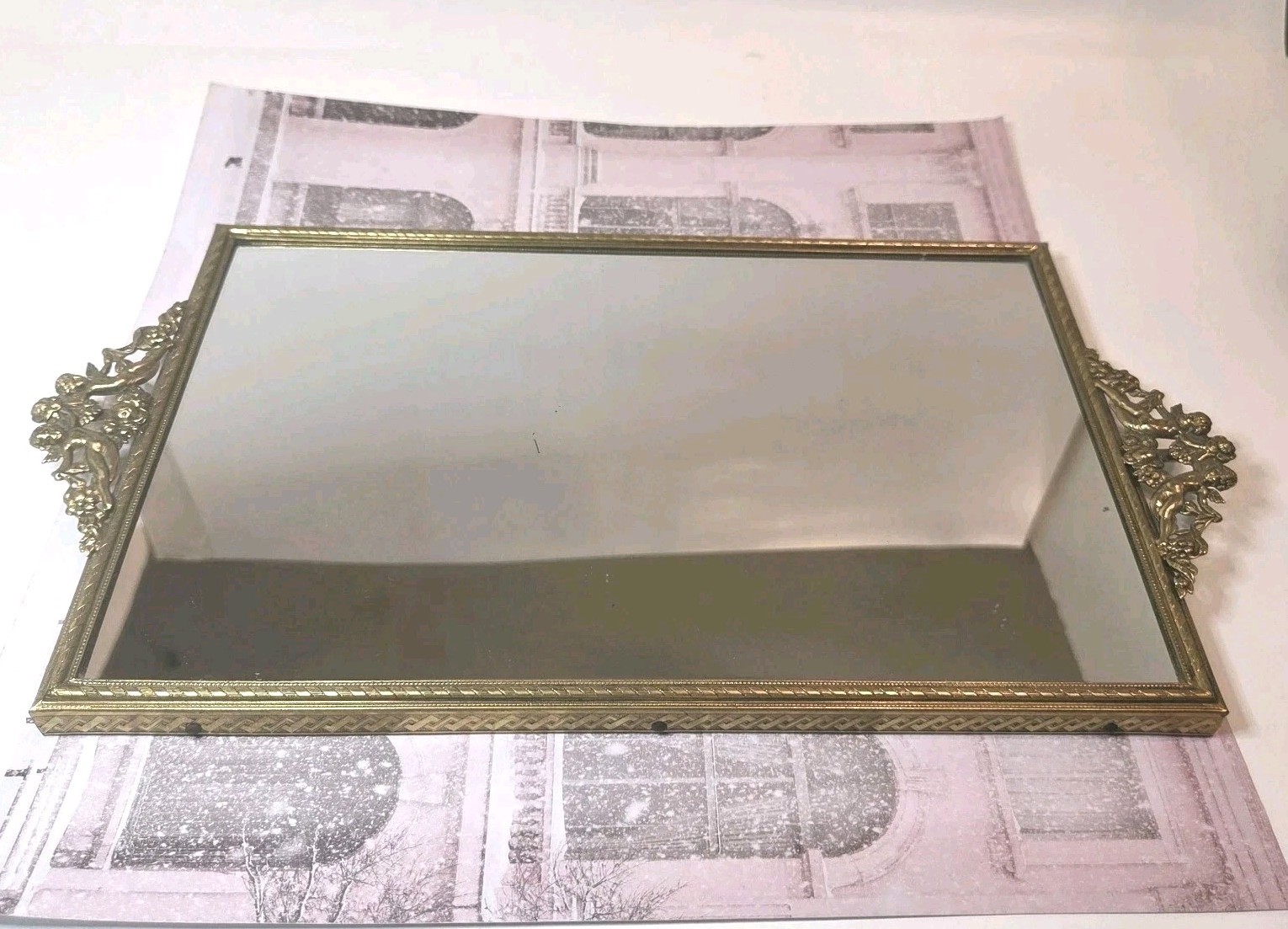 Vtg Victorian Inspired Vanity Tray Mirror Cherub & Flower Handles Boudior Decor