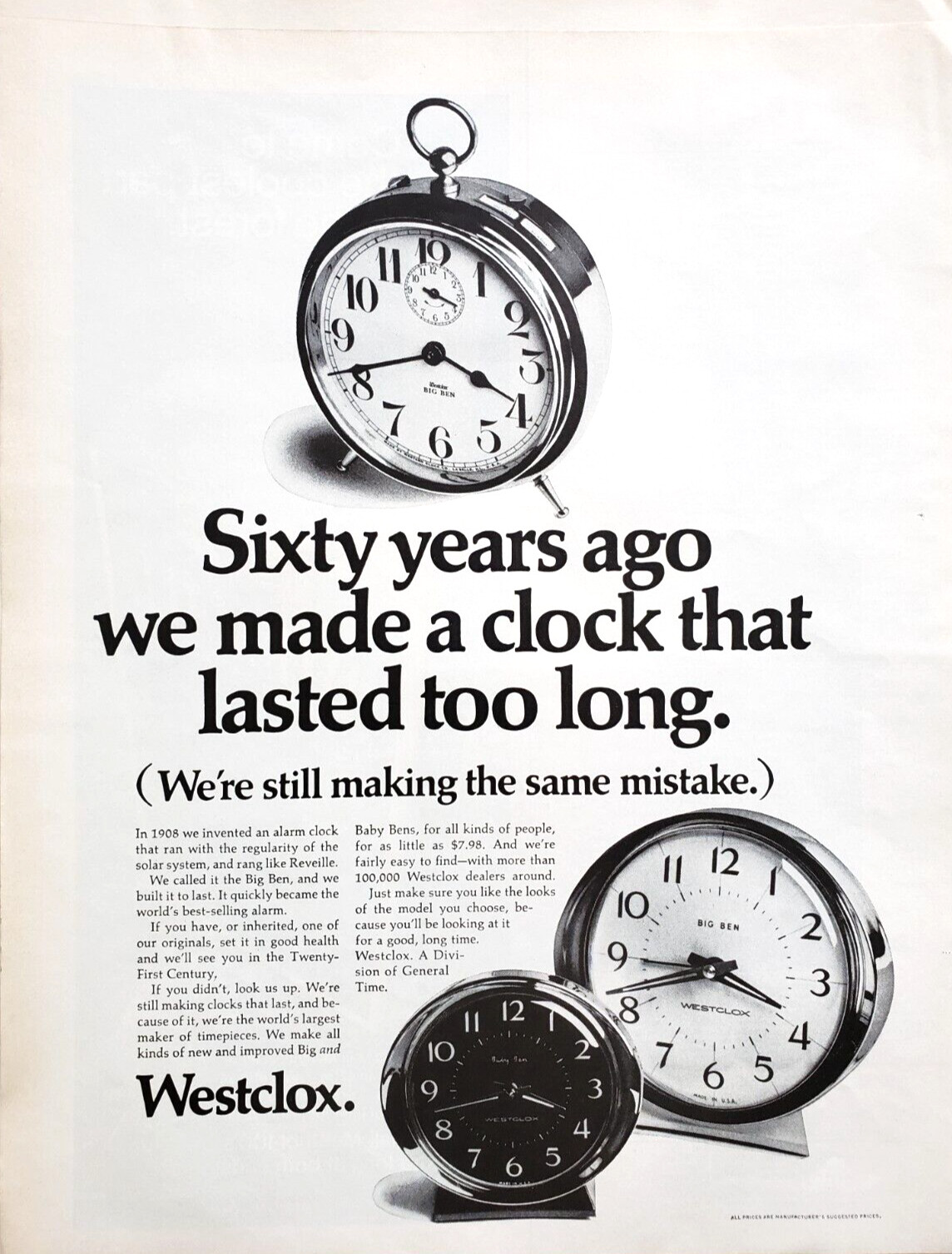 PRINT AD Westclox Big Ben Analog Alarm Clocks Baby Ben 1969 10.5×13