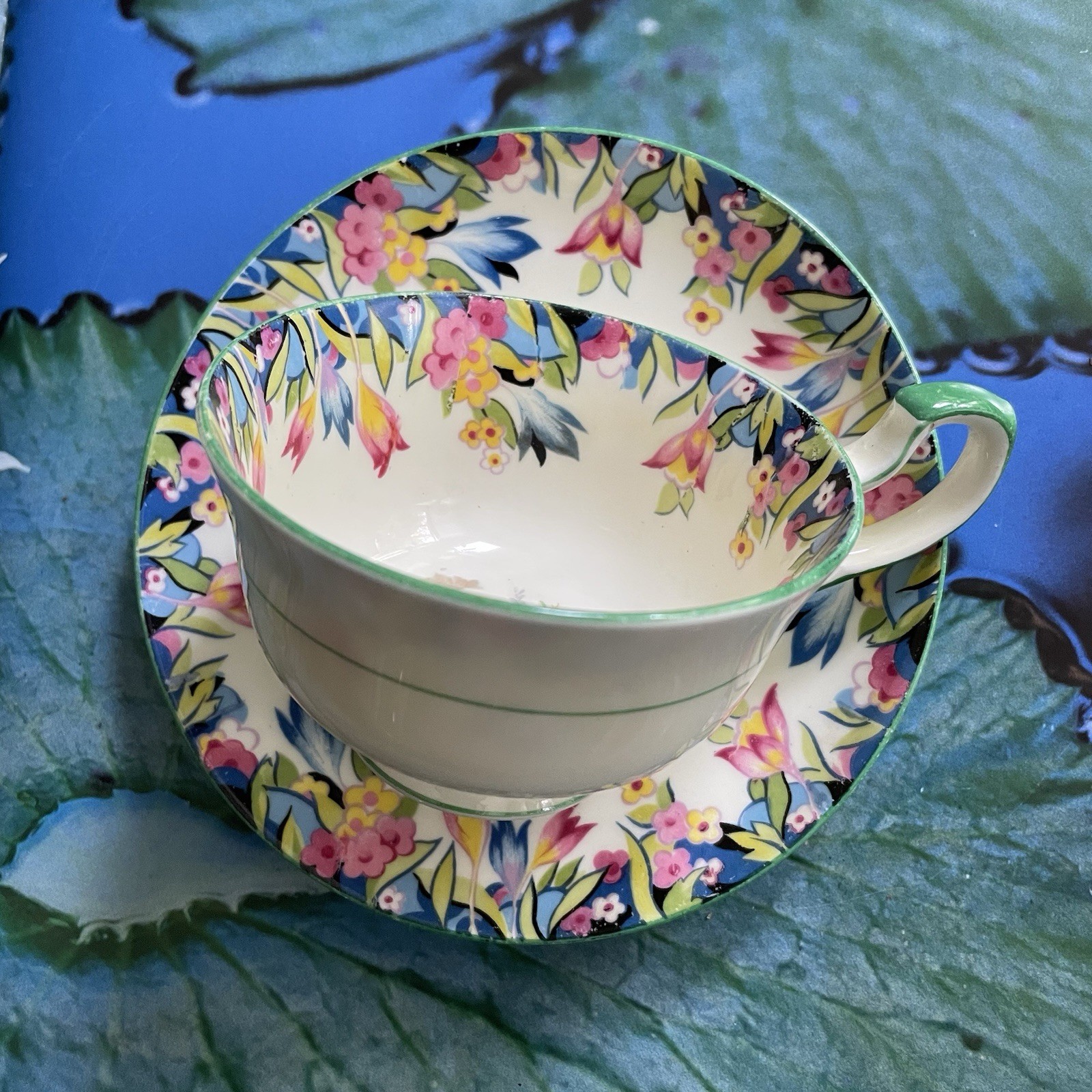 1930s Vintage Paragon Wild Flower Bouquet Trim & Green Rim Tea Cup & Saucer
