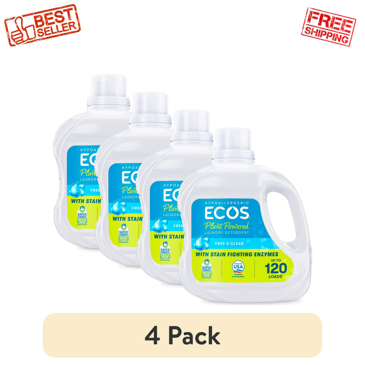 ECOS Plus Liquid Laundry Detergent 110oz 120 Loads Free Clear Enzymes, 4 Pack