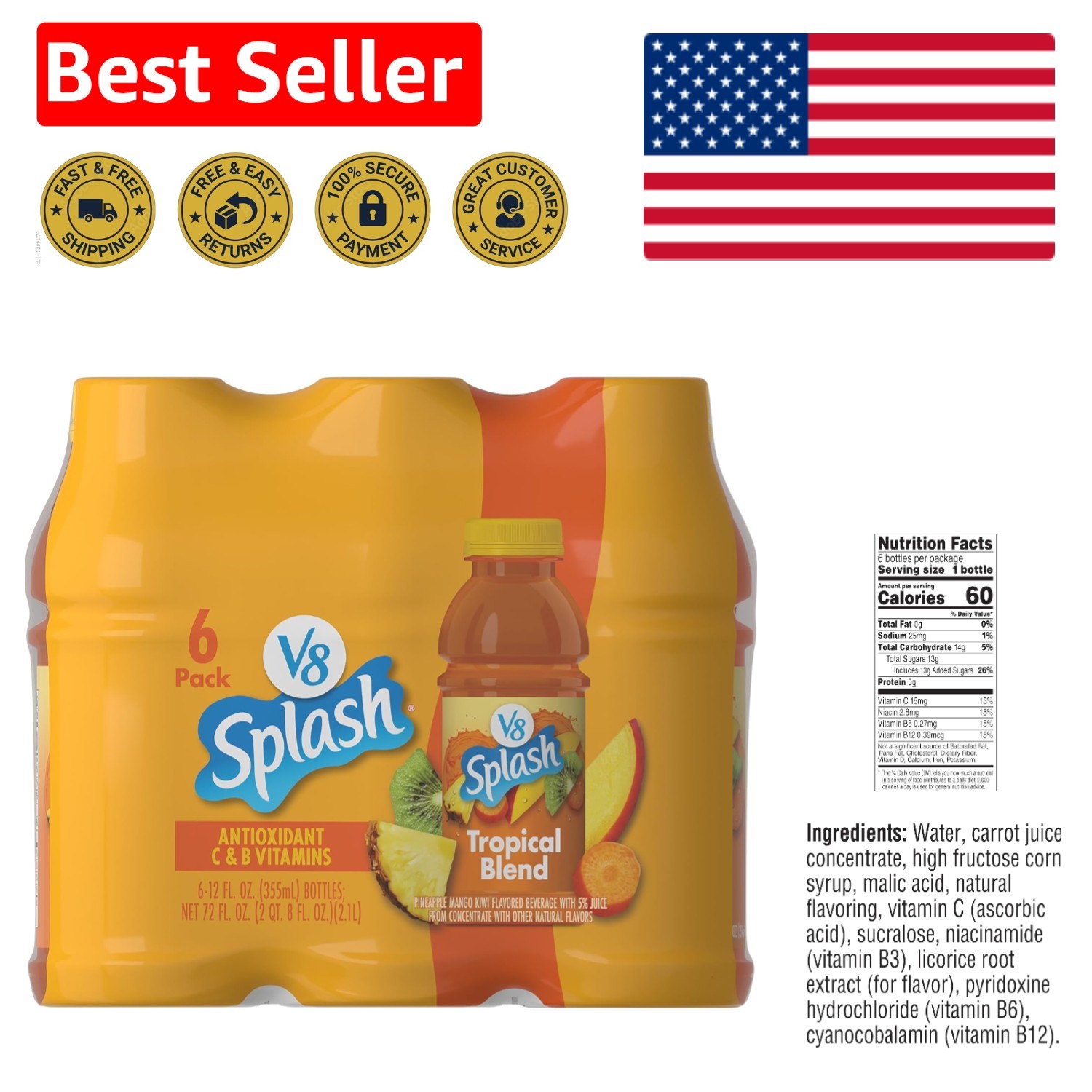 Delicious Tropical Blend Drink – Pineapple & Mango Flavor, 6 Bottles of 12 oz