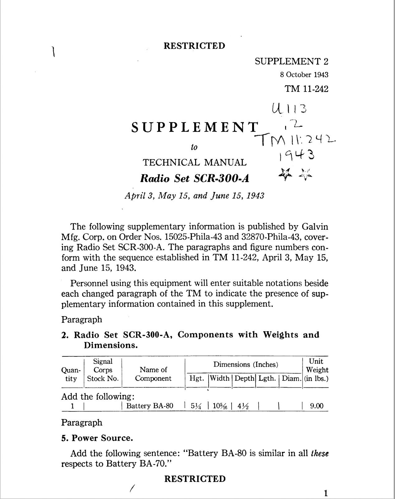 187 Page June 1943 TM 11-242 Radio Set SCR-300-A Technical Manual on CD