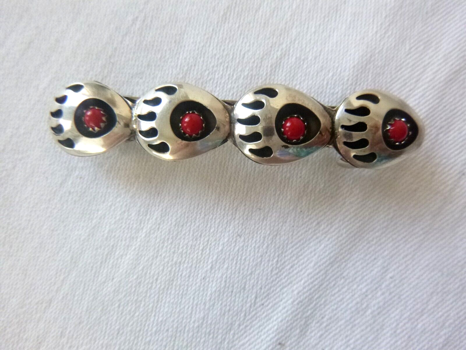 Navajo Virginia Long Barrette 925 Sterling Silver Bear Paw Design Red Coral