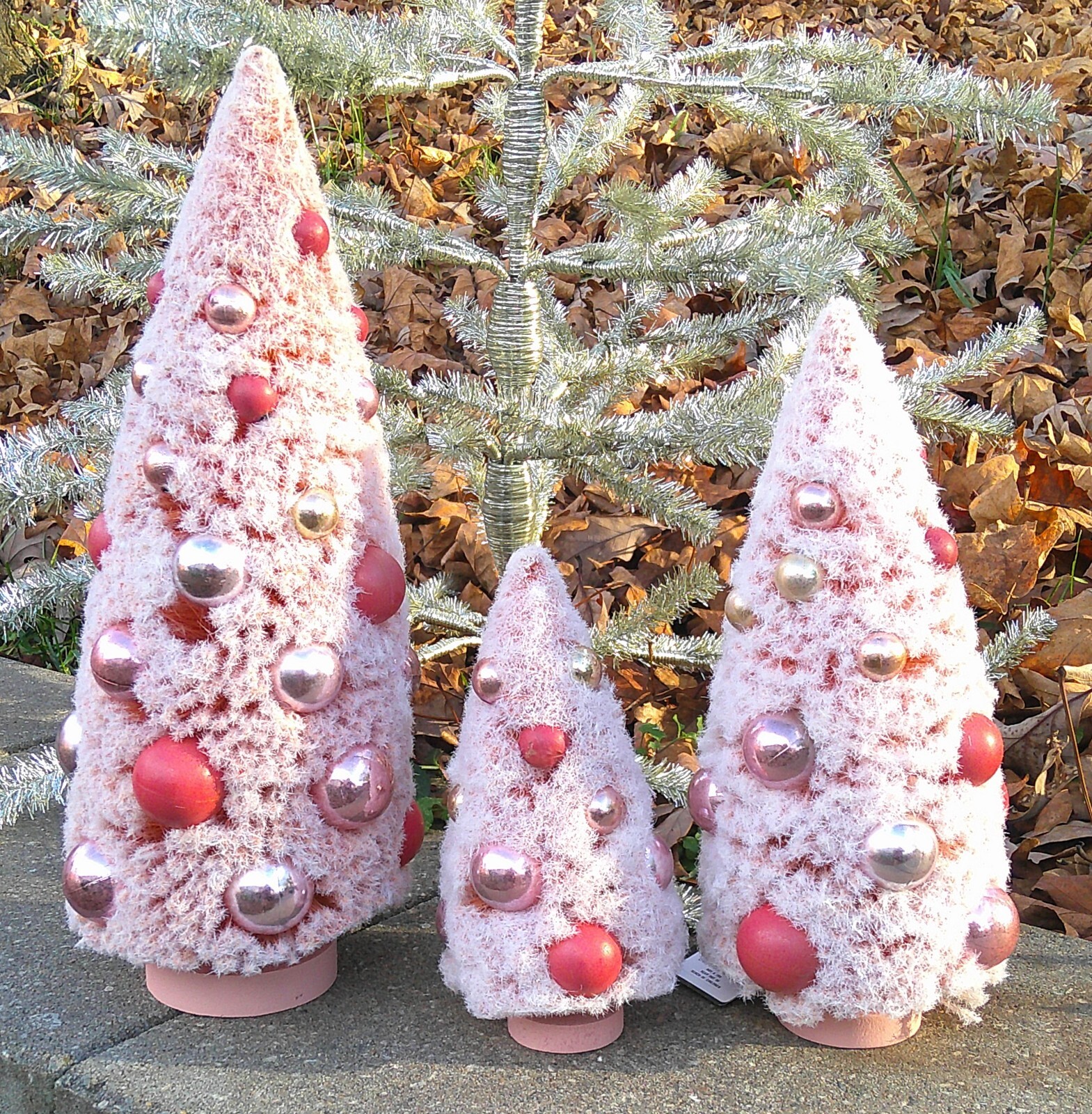 Christmas Easter Pink Flocked Bottle Brush Trees Ornaments NWT 12, 9, 6 inches