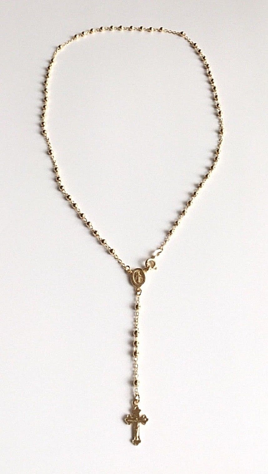 18k Gold Over Solid 925 Sterling Silver Italian Rosary 3mm-20″ /Rosario Plata