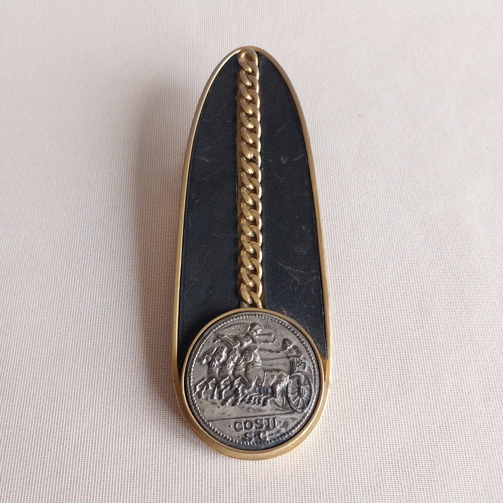 Large Vintage Versace Style Brass &Black Leather Medalion Paper Clip