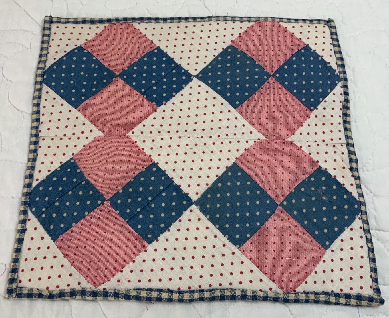 Vintage/Antique Patchwork Quilt Table Topper, Four Patch, Pink, Blue, Dots