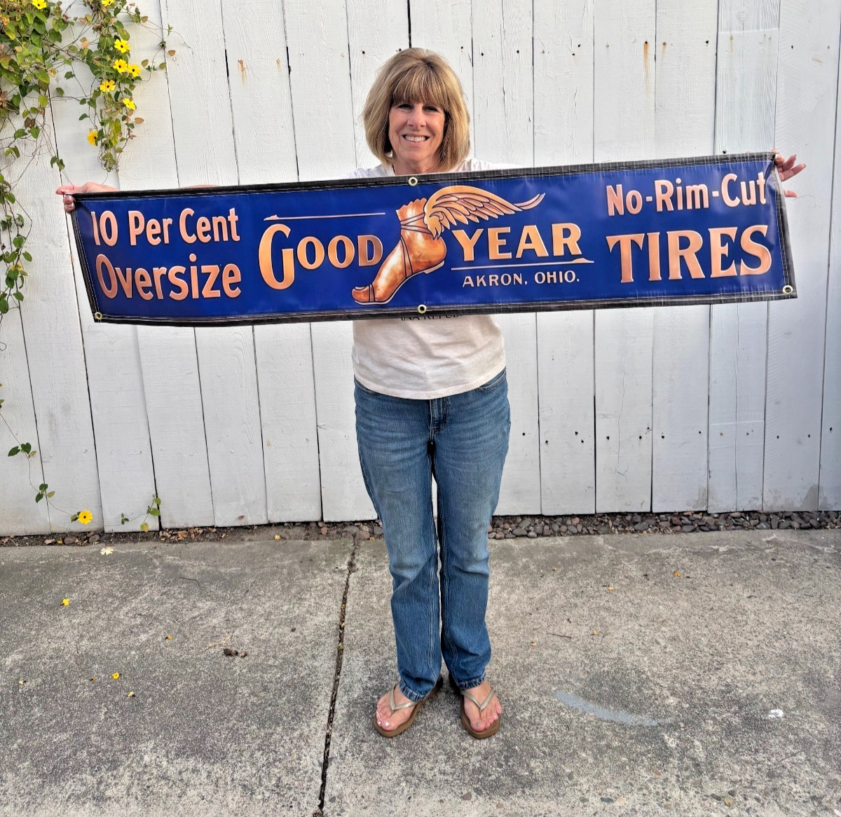VINTAGE 1910s GOODYEAR “NO-RIM-CUT” Tire repro banner Garage Decor or Man Cave