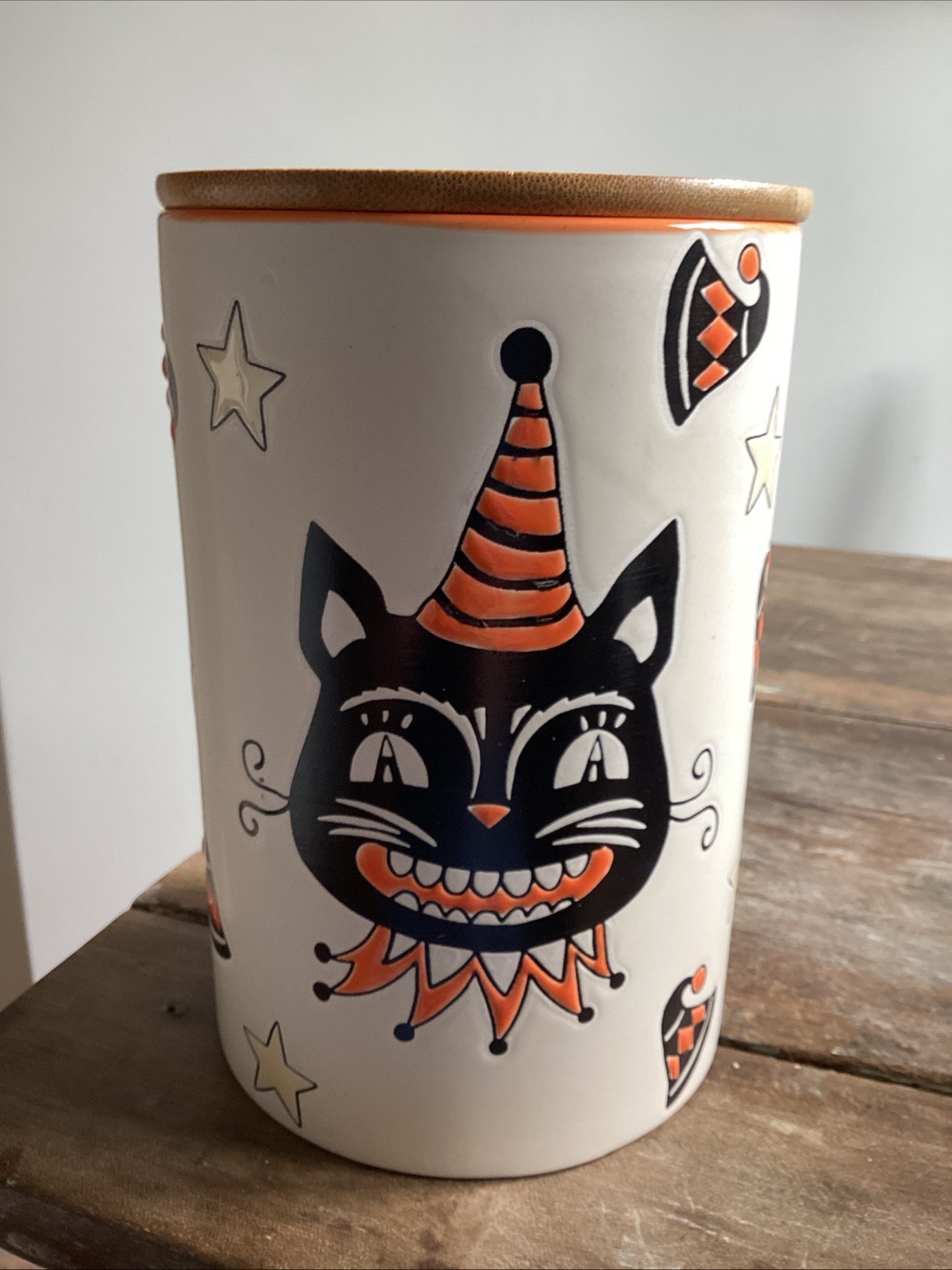 ELI & ANA VINTAGE STYLE HALLOWEEN CANISTER/COOKIE JAR w/BLACK CAT STARS NEW