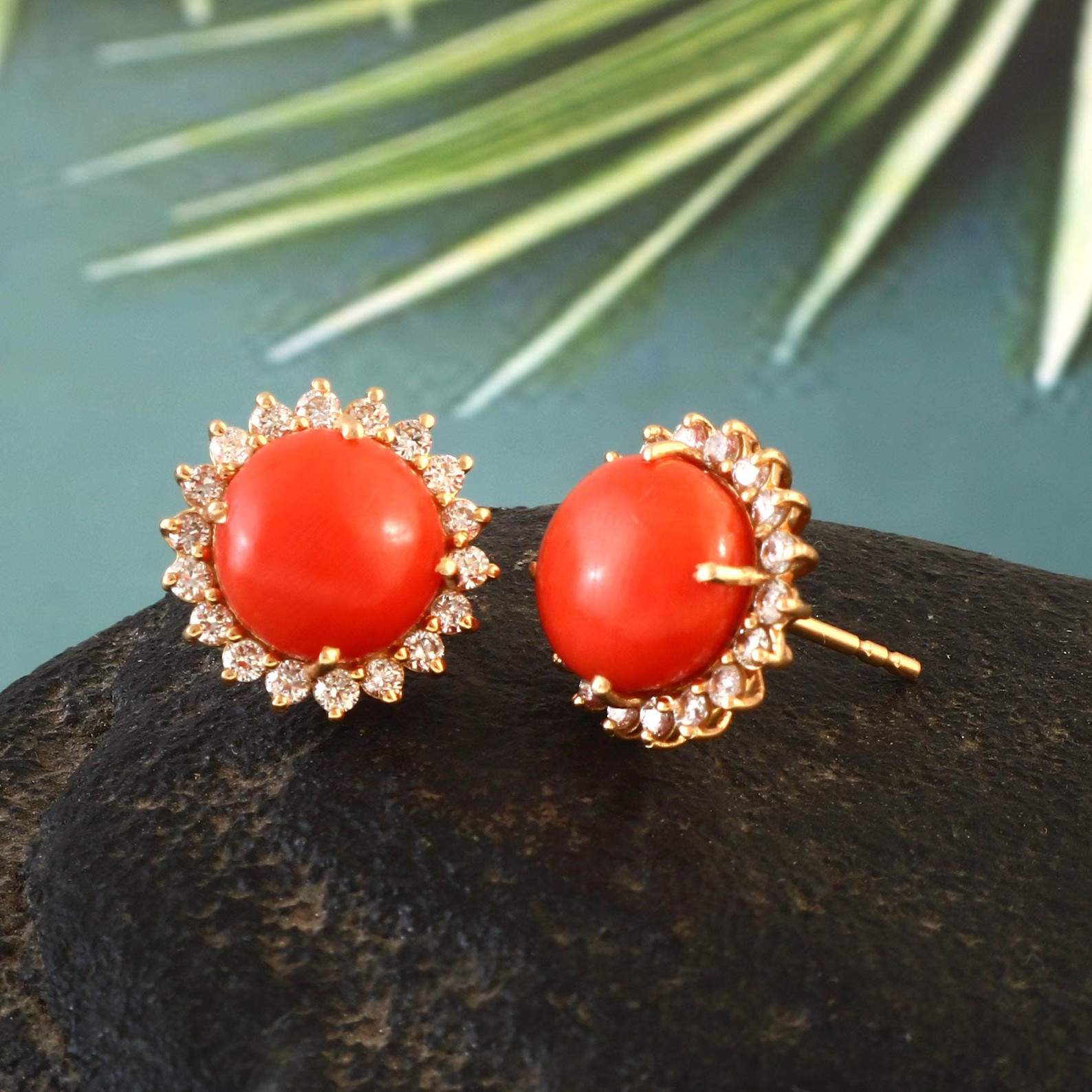 Red Coral Cabochon & Diamond Stud Earrings in 18K Yellow Gold Over For Women’s