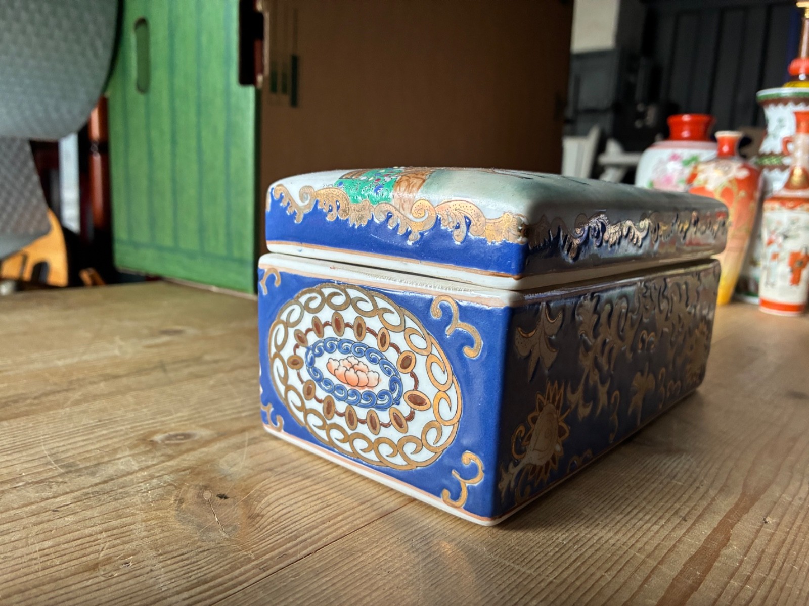 Vintage Chinese Rectangular Hand Painted Porcelain Dresser Trinket Box