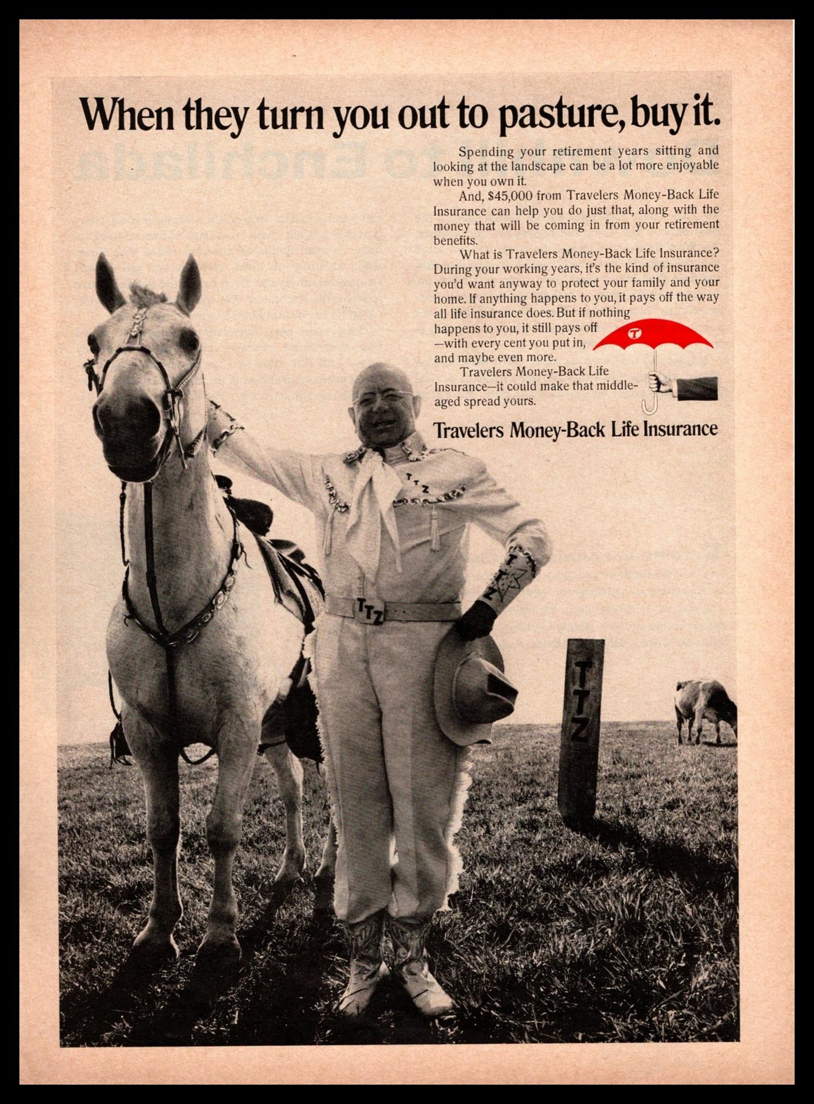1967 Travelers Money-Back Life Insurance Trick Pony Rodeo Horse Cowboy Print Ad