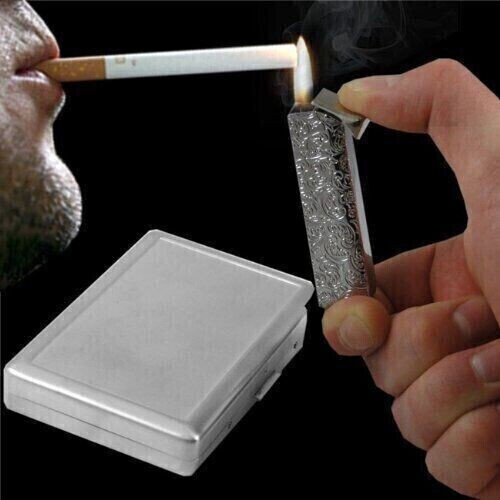 Lighthouse Em1 100’s Size Cigarette Case with Built in Lighter Metal Wallet