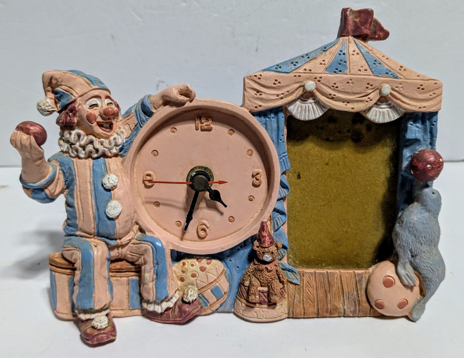 Vintage 7″ Clown Circus Clock Photo Frame Gager Quartz Battery Powered Resin