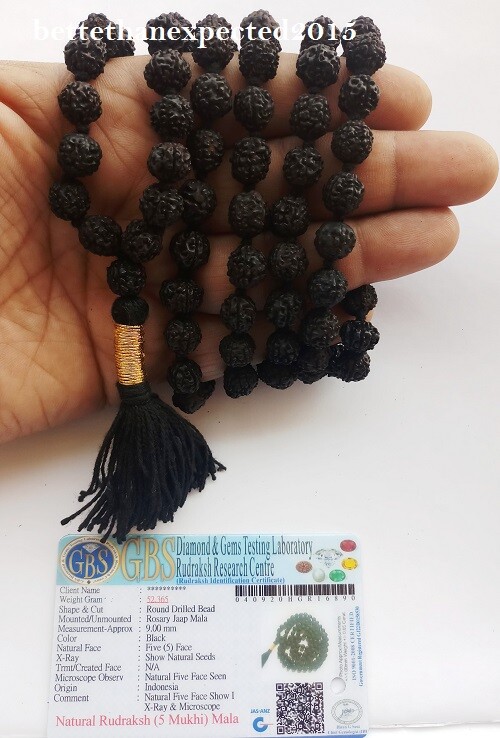 RARE BLACK RUDRAKSHA MALA HOLY HINDU 108 +1 BEADS ROSARY MALA 9 MM NECKLACE~LAB