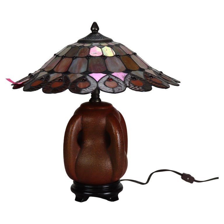 Arts & Crafts Leaded Stained Glass Table Lamp With Pottery Base 20thC