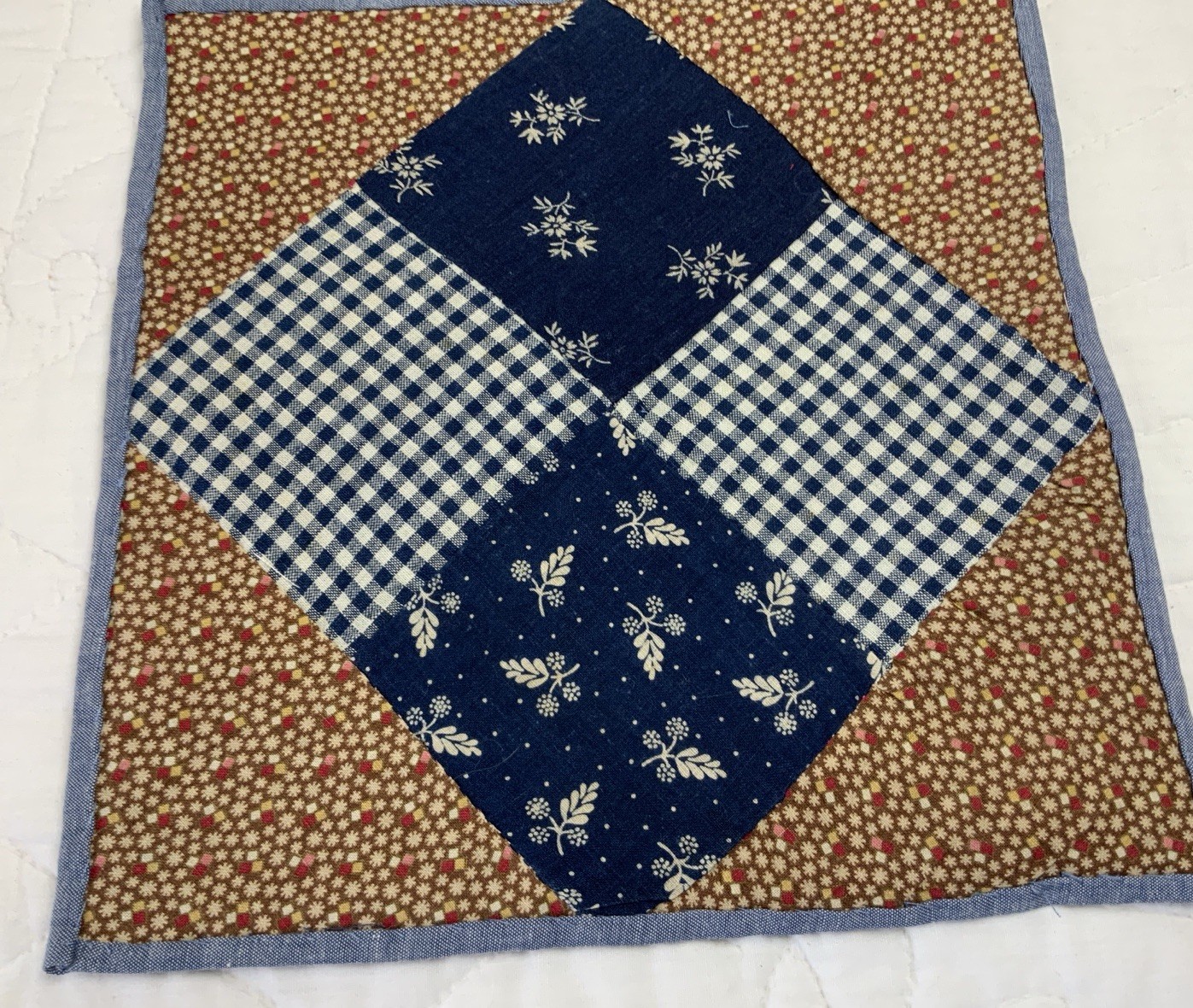 Antique Patchwork Quilt Table Topper, Four Patch, Early Calicos, Brown, Navy