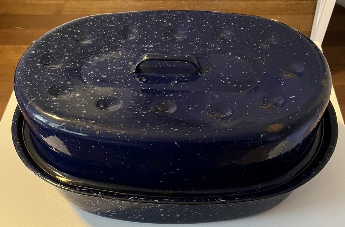 Vtg Large Oval Blue & White Enamelware Roaster Pan w/ Lid Graniteware Speckled