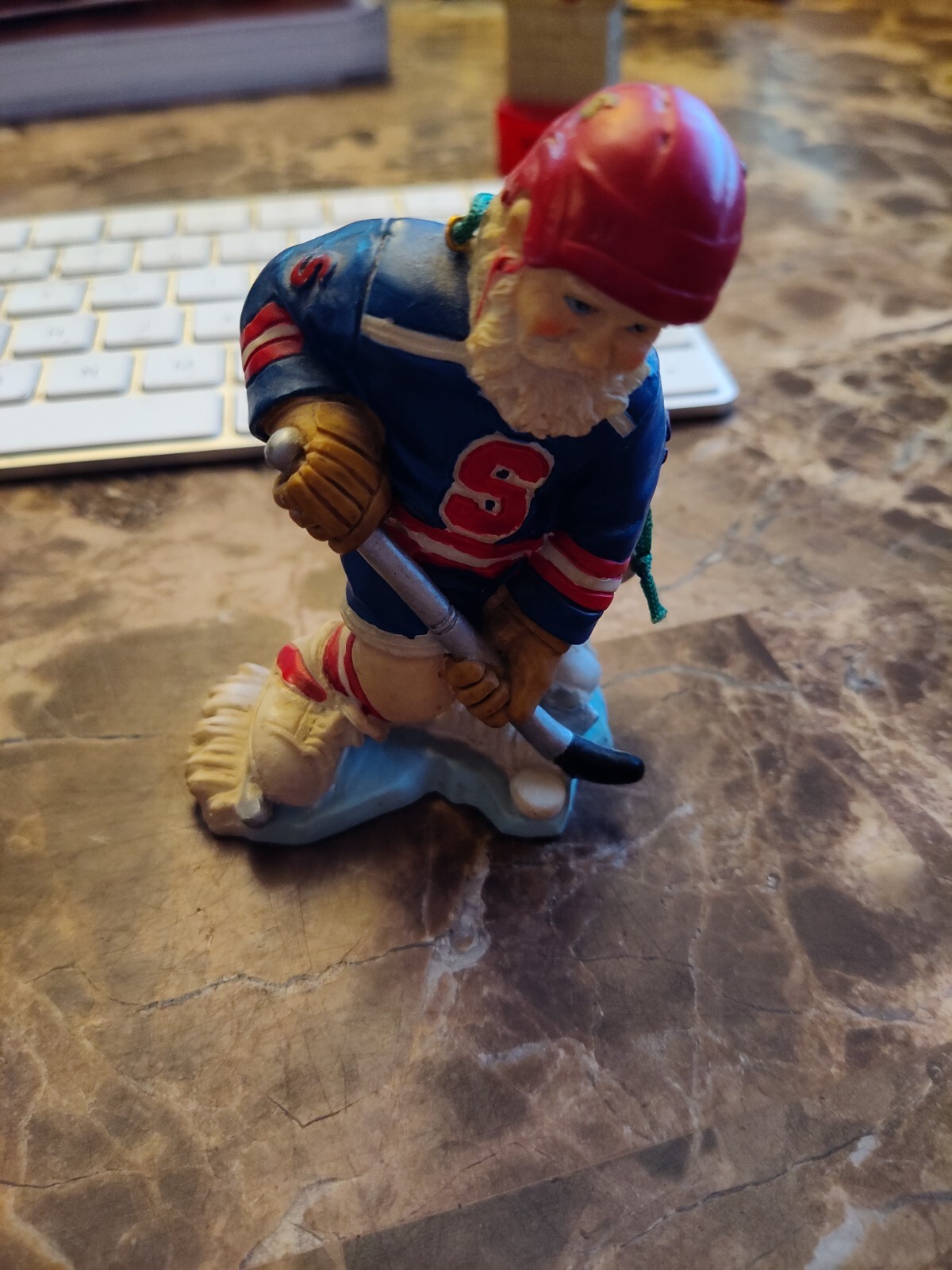 Vintage Santa “S” Claus Ice Hockey Player Christmas Ornament Blue Red