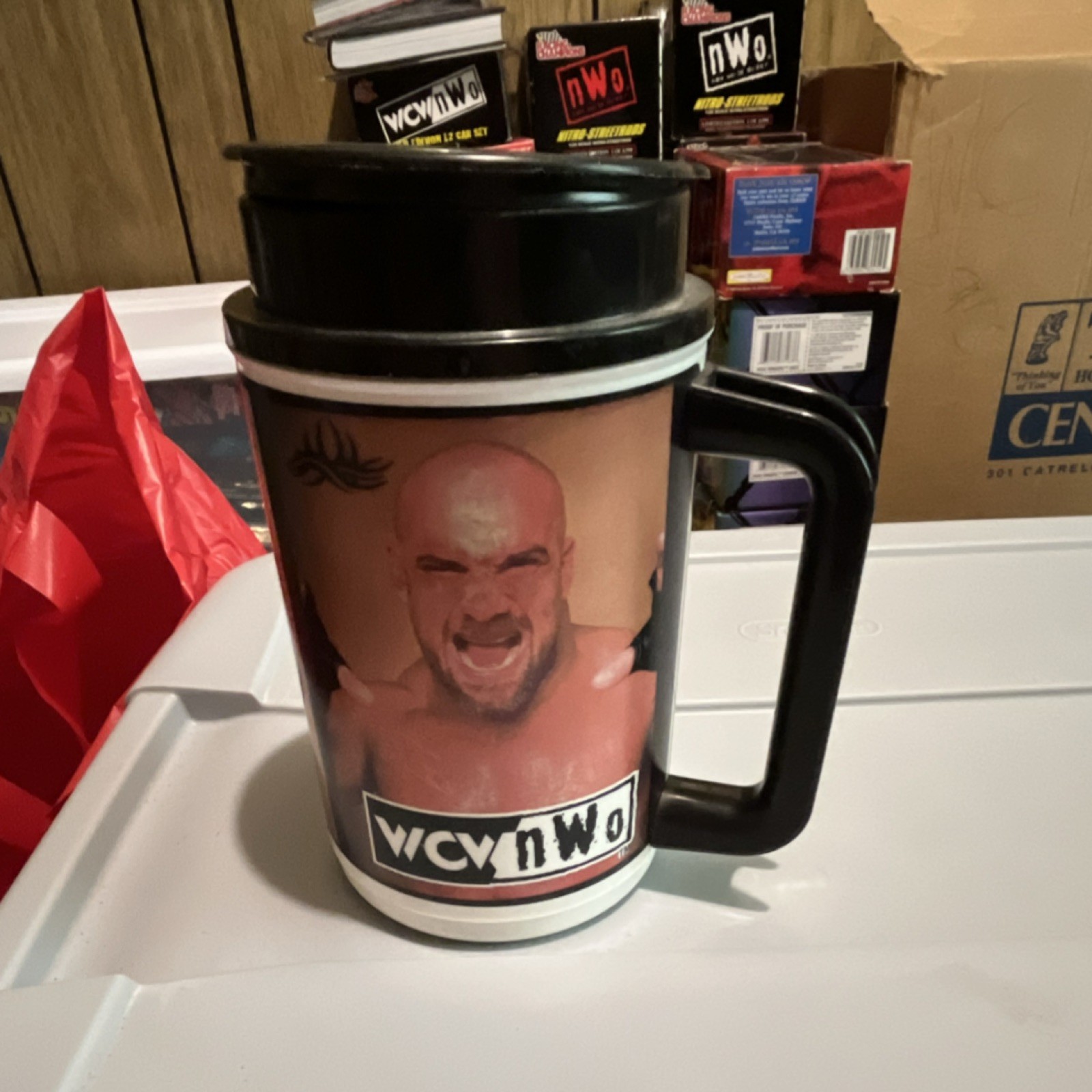 WCW nWo Collectible Coffee Mug Plastic Decorated Drink Through Lid Wrestling