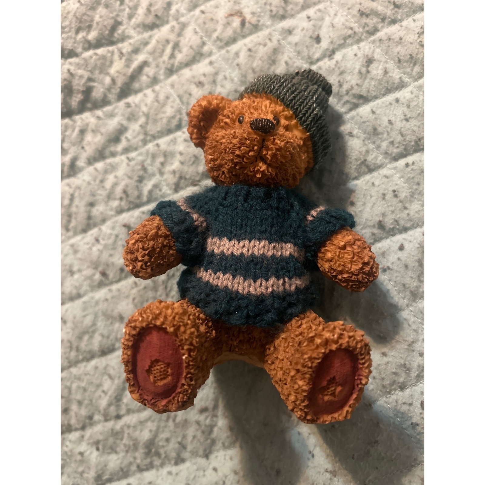 Vintage Style Teddy Bear Figurine with Knit Sweater and Beanie Hat Brown