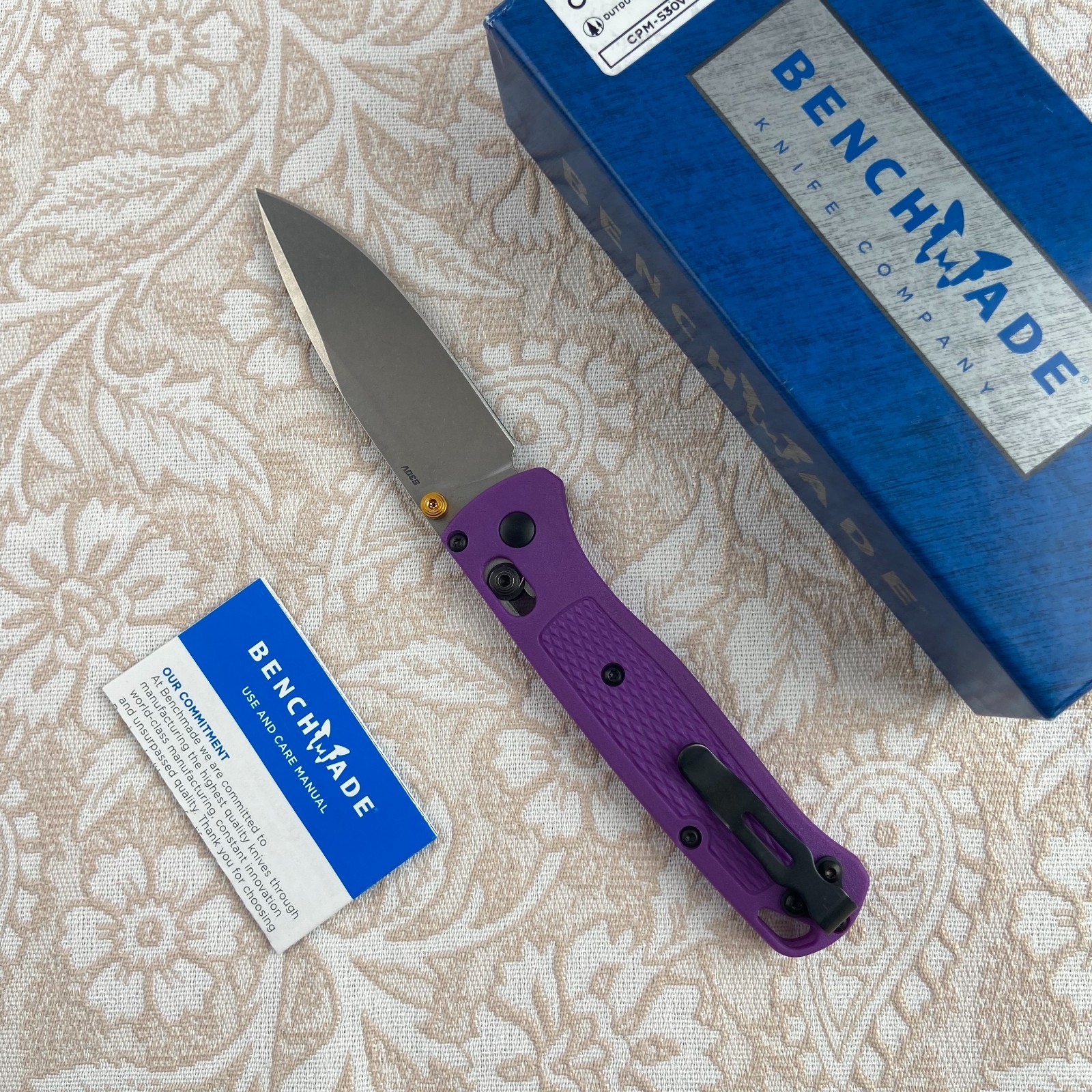 Benchmade 535 Bugout Folding Knife CPM-S30V Steel Purple Grivory Handle