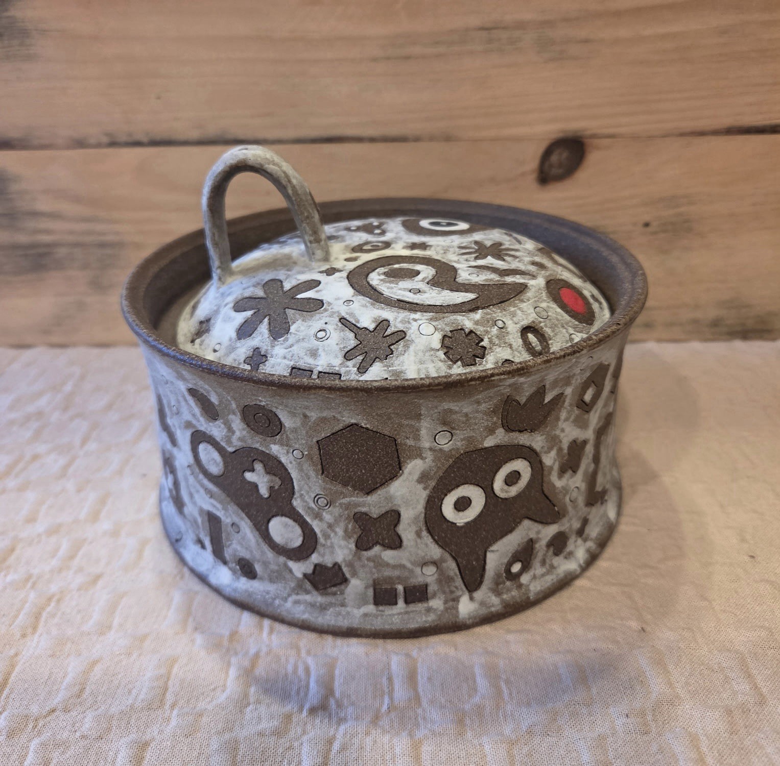 This Masa Sasaki Ceramic Lidded Pot Alien Motif
