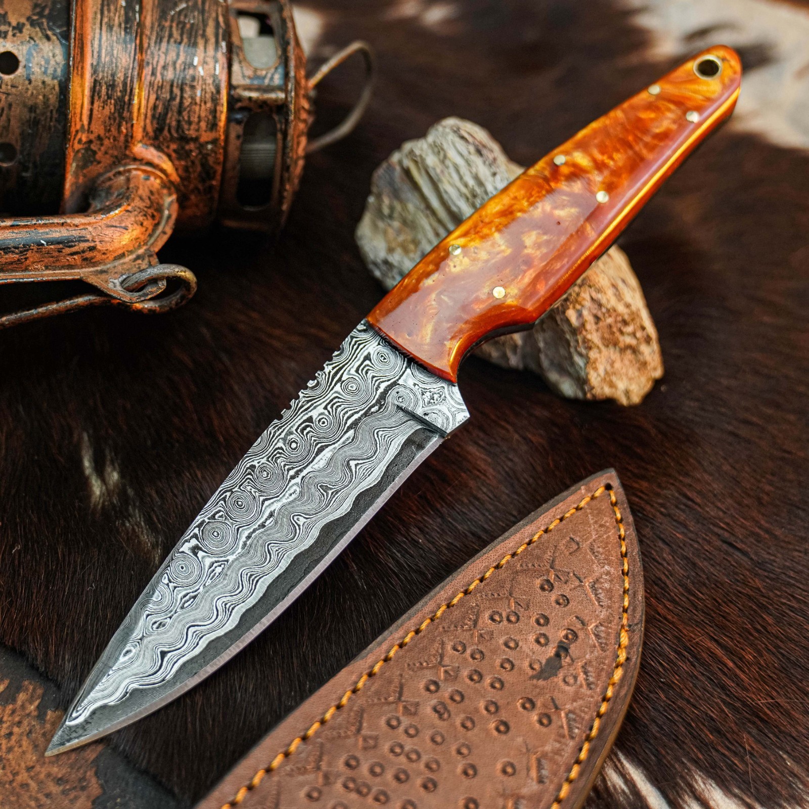 8.7″ Hunting EDC Damascus Knife Handmade Full Tang Resin Handle Leather Sheath
