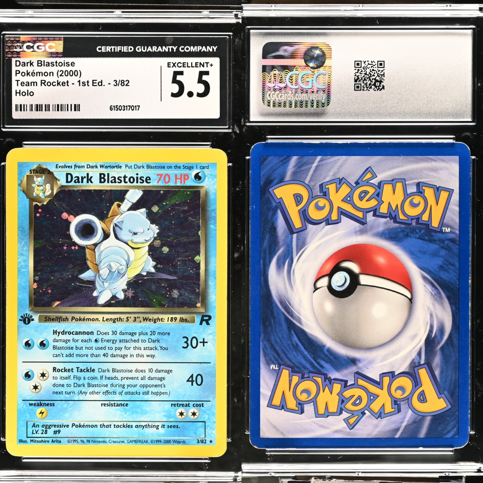 🔥 CGC 5.5 EXCELLENT+ 1ST EDITION DARK BLASTOISE HOLO RARE | TEAM ROCKET 3/82 🔥
