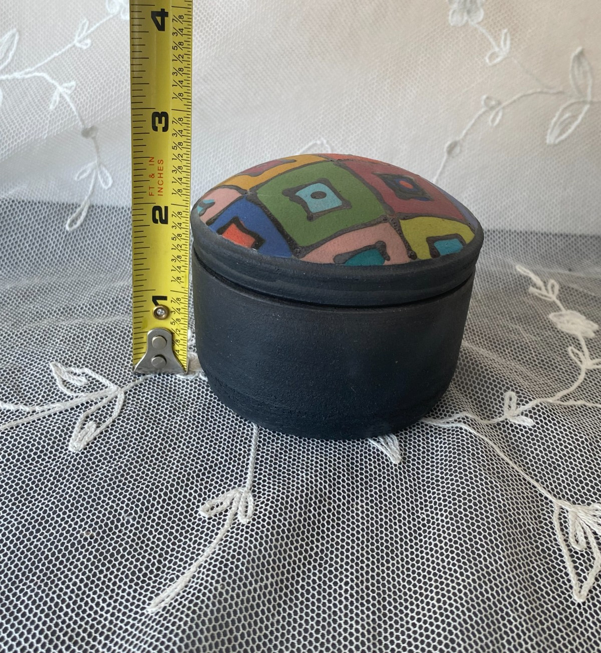 Multicolor Painted Squares Ceramic Pottery Trinket Box w/Lid Signed KW Matte