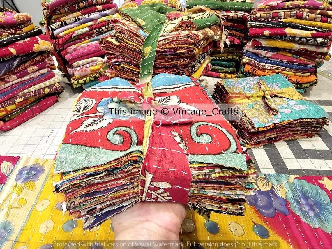 Indian Vintage 25 Pcs Of Recycle Cotton Sari Remnants/Fabric Kantha Fabric Scrap