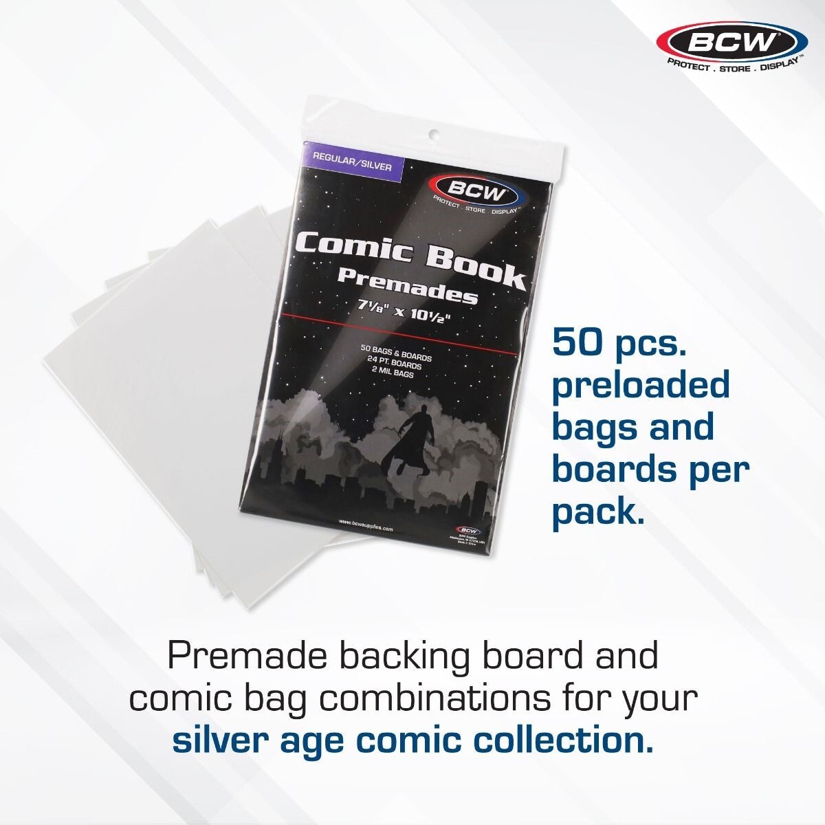 BCW Silver Comic Premade Bags + Back Boards 50 2 Mil Acid Free 24 PT Long Term