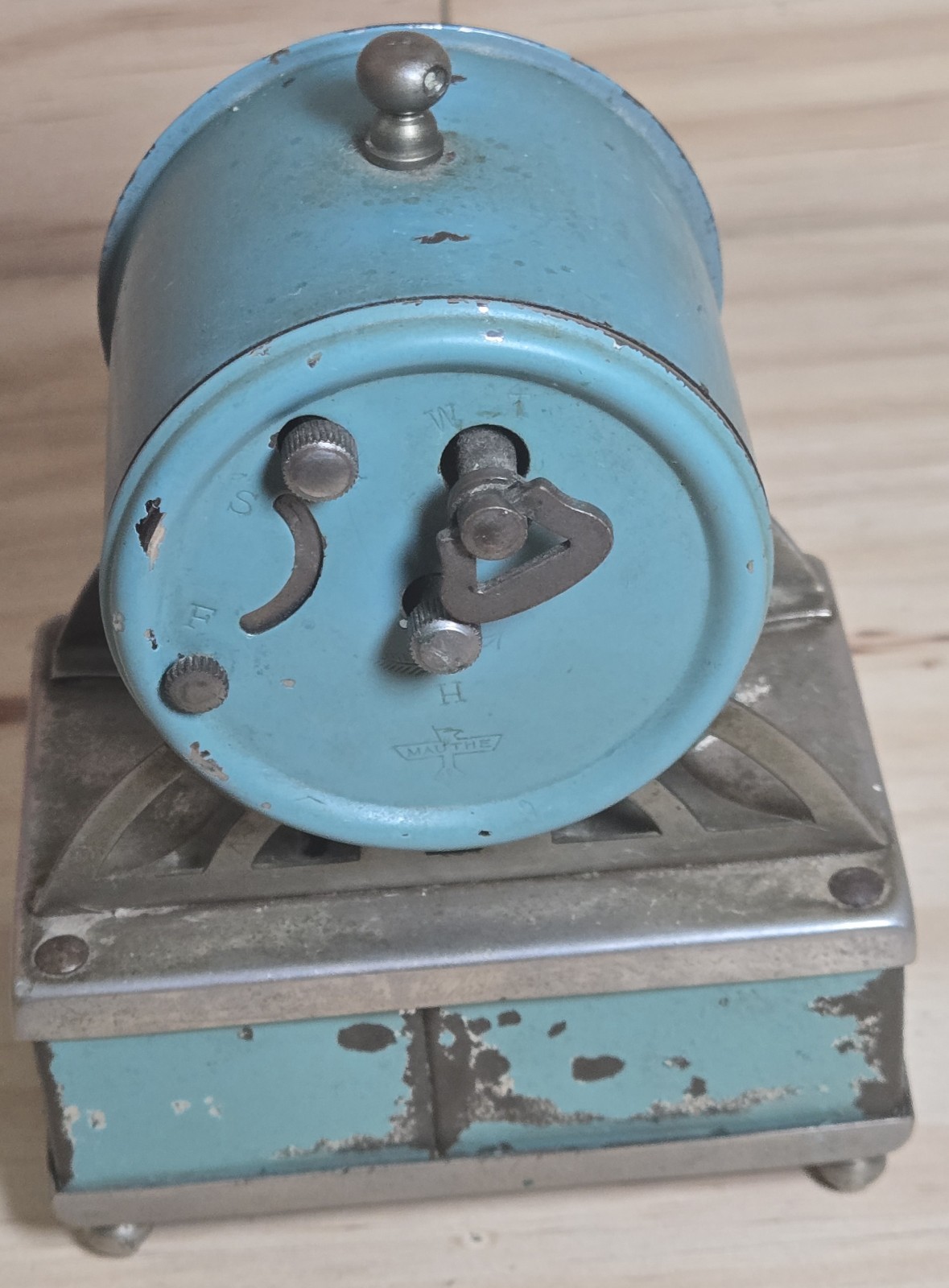Vintage Mauthe Germany Wind Up Alarm Clock Blue Metal Art Deco Style Parts