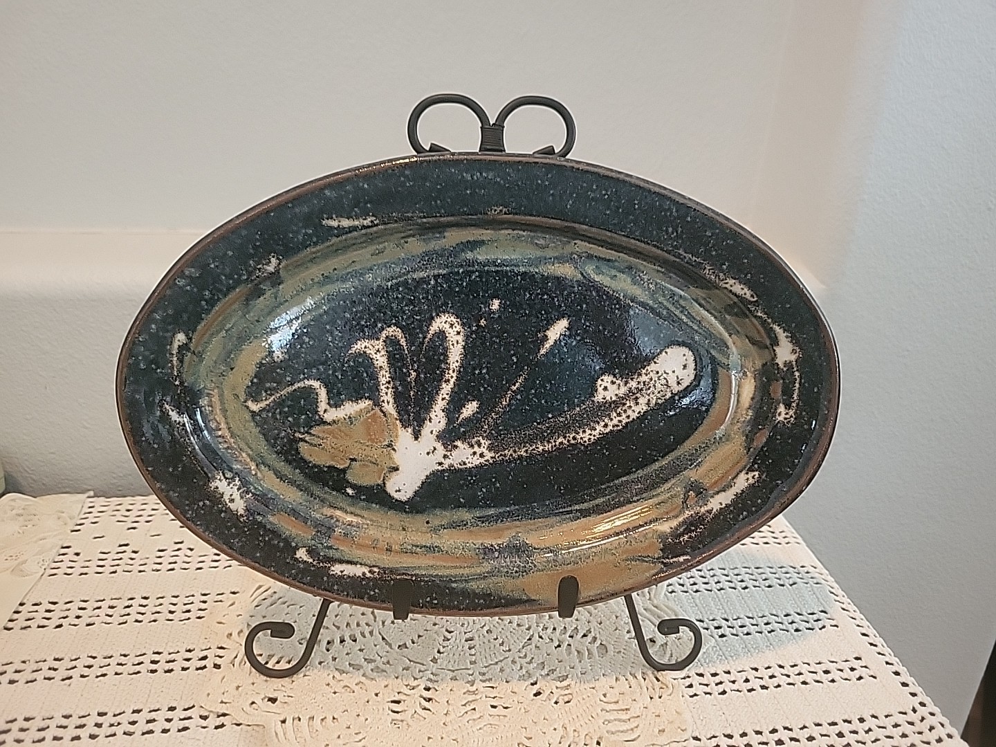 Oval Serving Platter Plate Abstract Dark Blue Multicolor Pottery Signed OOAK